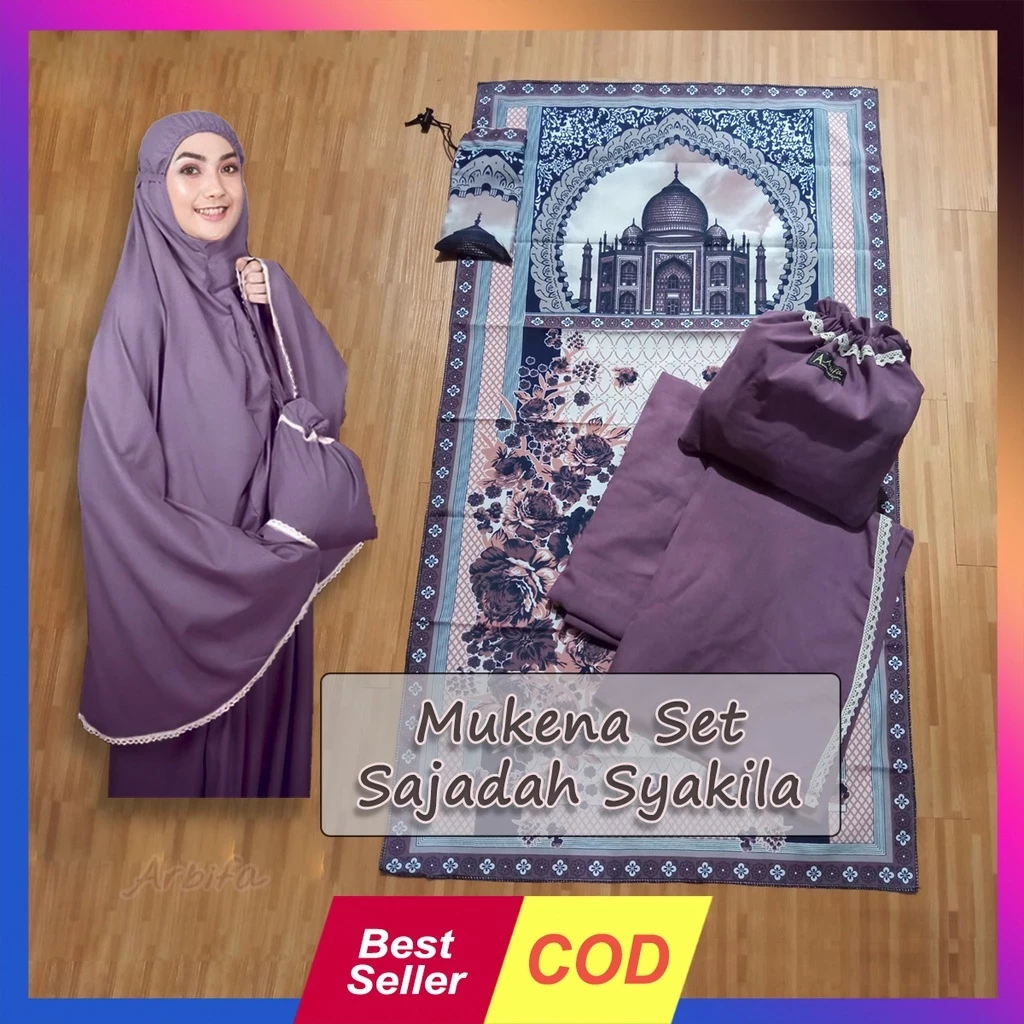 KATUN Full Set Mukena + Sajadah Syakila Adult Travel Series Plain Cotton Arbifa Lace